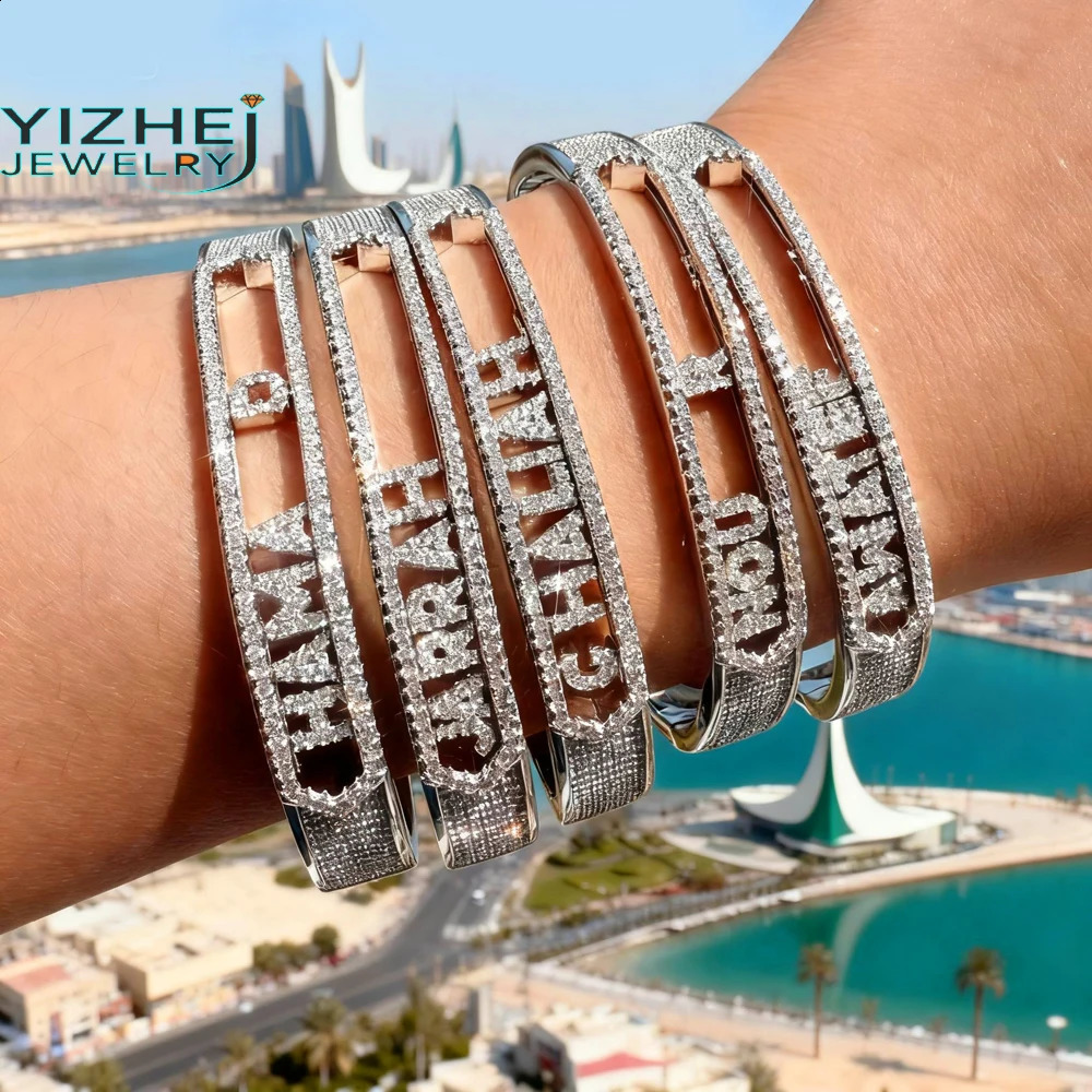 DIY Name Jewelry Silver Color Micro Pave 5A CZ Sparking Bling 26 Initial Alphabet Letter Slider Charm Bangle Bracelet 260518