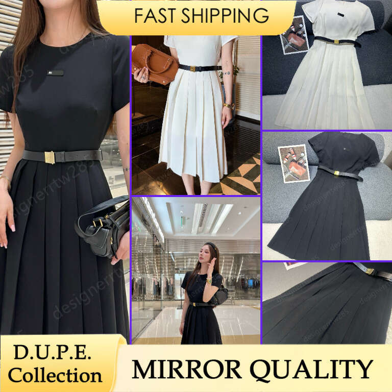 Marque de luxe Style blanc plissé Robe Midi femmes à manches courtes ceinturé étiquette de créateur une ligne fête décontracté Robe Robe Femme él