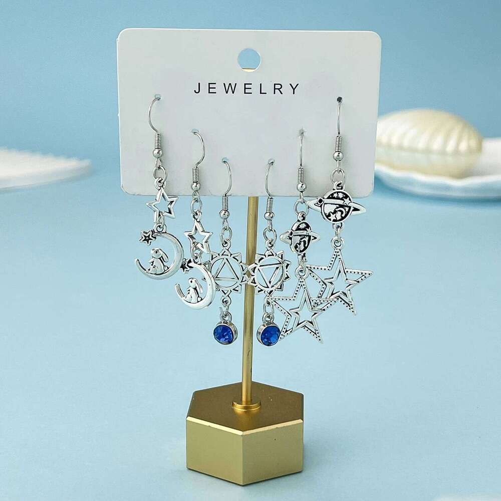 3Pairs Vintage Silvery Hollow Moon Star Design Dangle Earrings Alloy Ear Set for Women and Girls Jewelry Accessory ecd09
