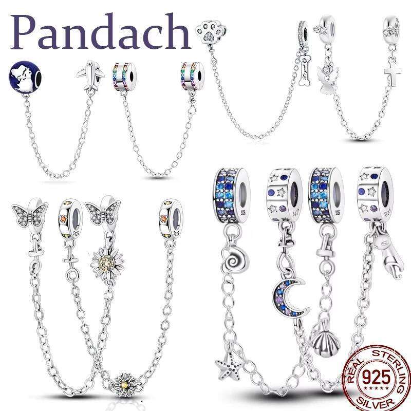 New 100% 925 Silver Color Flower Safety Chain Charms Bead Fit Original Pan Bracelet Women Fashion Fine DIY Jewelry 02946