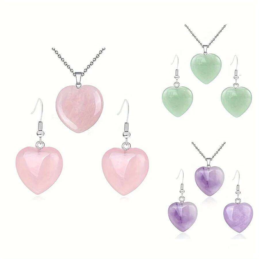 1 set Natural Stone Rose Quartzs Earrings Necklace Pink Crystal Dangle Earring Eardrop Women Party Wedding Jewelry Heart 49286