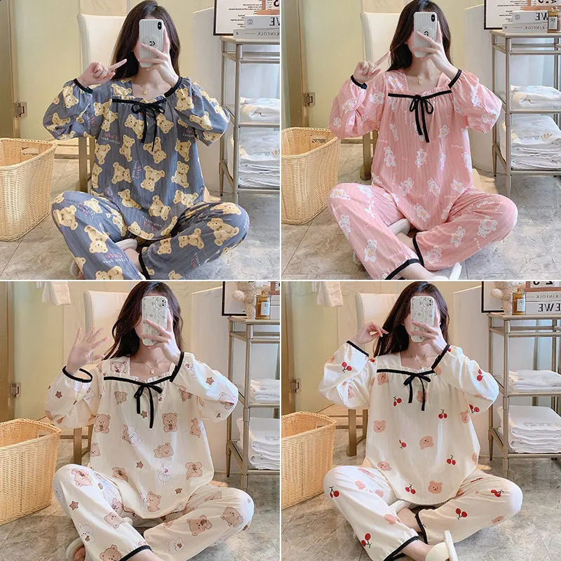 2-Piece Monthly Clothing Spring And Summer Large Size Milk Maternity Nursing Pajamas Home Wear Long-Sleeved Suit 260516BJ