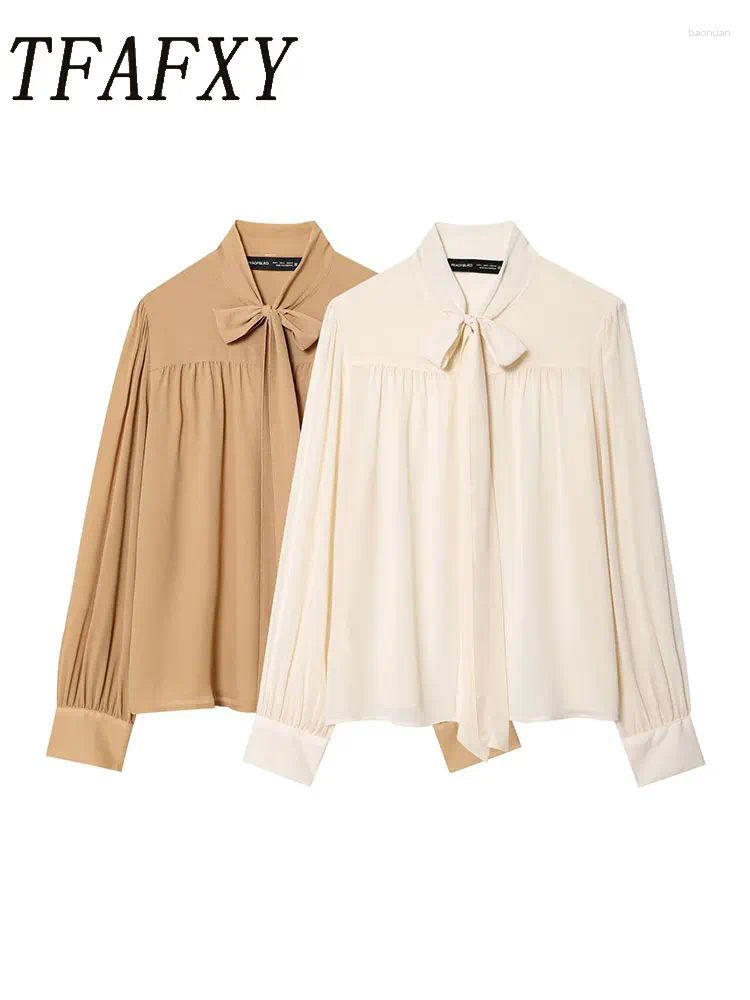 Women's Blouses TFAFXY Shirts Solid Bow O Neck Long Sleeve Loose Blouse Fashion Autumn Temperament 86
