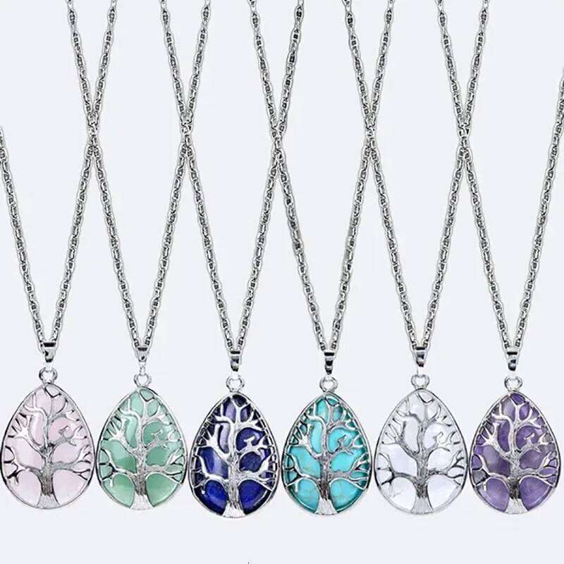 Tree of Life Natural Gemtone Crystal Amethyst Rose Quartz Tiger Eye Stone Water Drop Pendant Necklace for Women Men Jewelry ec0a0
