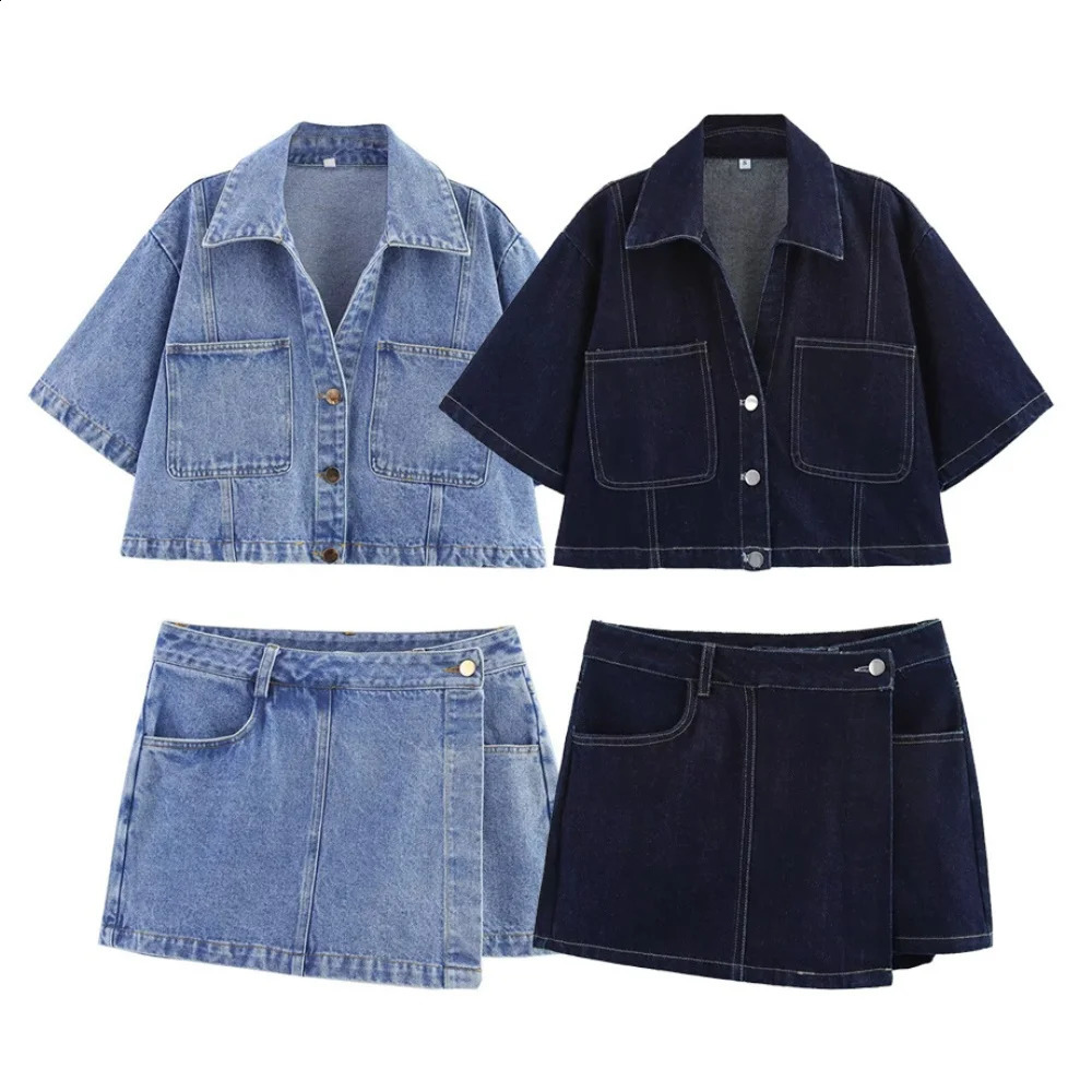 Spring Womens Fashion Temperament Casual Versatile V-neck Short Denim Shirt Double Breasted Denim Skirt Set 260516BJ