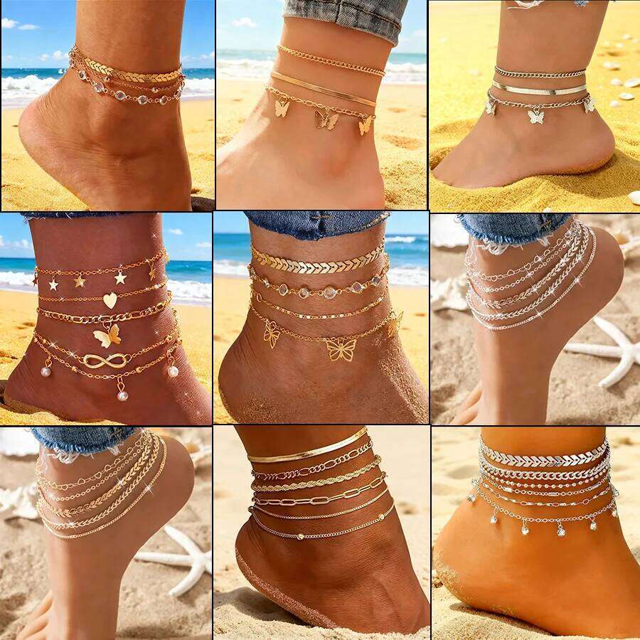 1set Gold Color Simple Anklets For Beach Foot Jewelry Leg Chain Ankle Bracelets Women Accessories 7f889