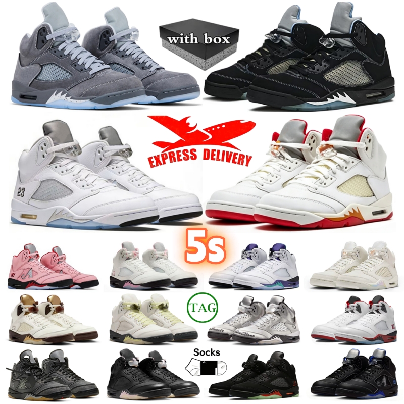 With box 5s Basketball shoes 5 Wolf Grey Designer Sport shoes Black White Metallic Fire Red Grape Arctic Pink Anniversary Black Cat mens trainers-image-984828515
