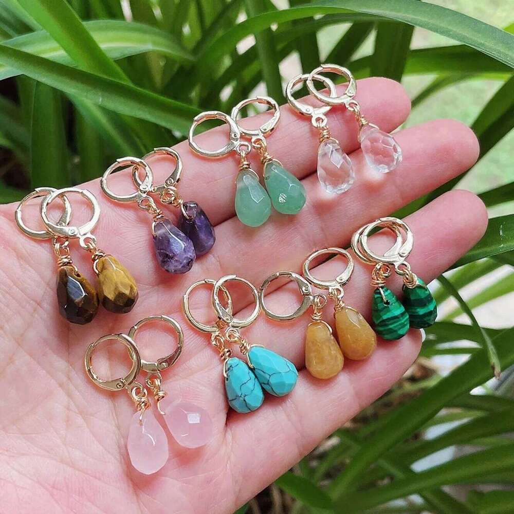 1pair Natural Stone for Women Small Water Drop Ear Loop Amethysts Rose Quartz Topazs White Crystal Dangle Earrings b49a5