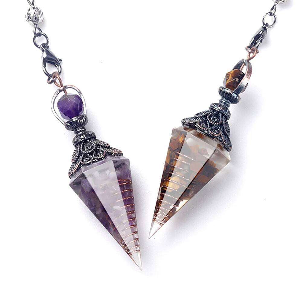 Natural Crystal Pendulum Necklaces Hexagonal Cone Crushed Stone Amethysts Rose Quartz Chakra Pendant Jewelry Accessories de9cd