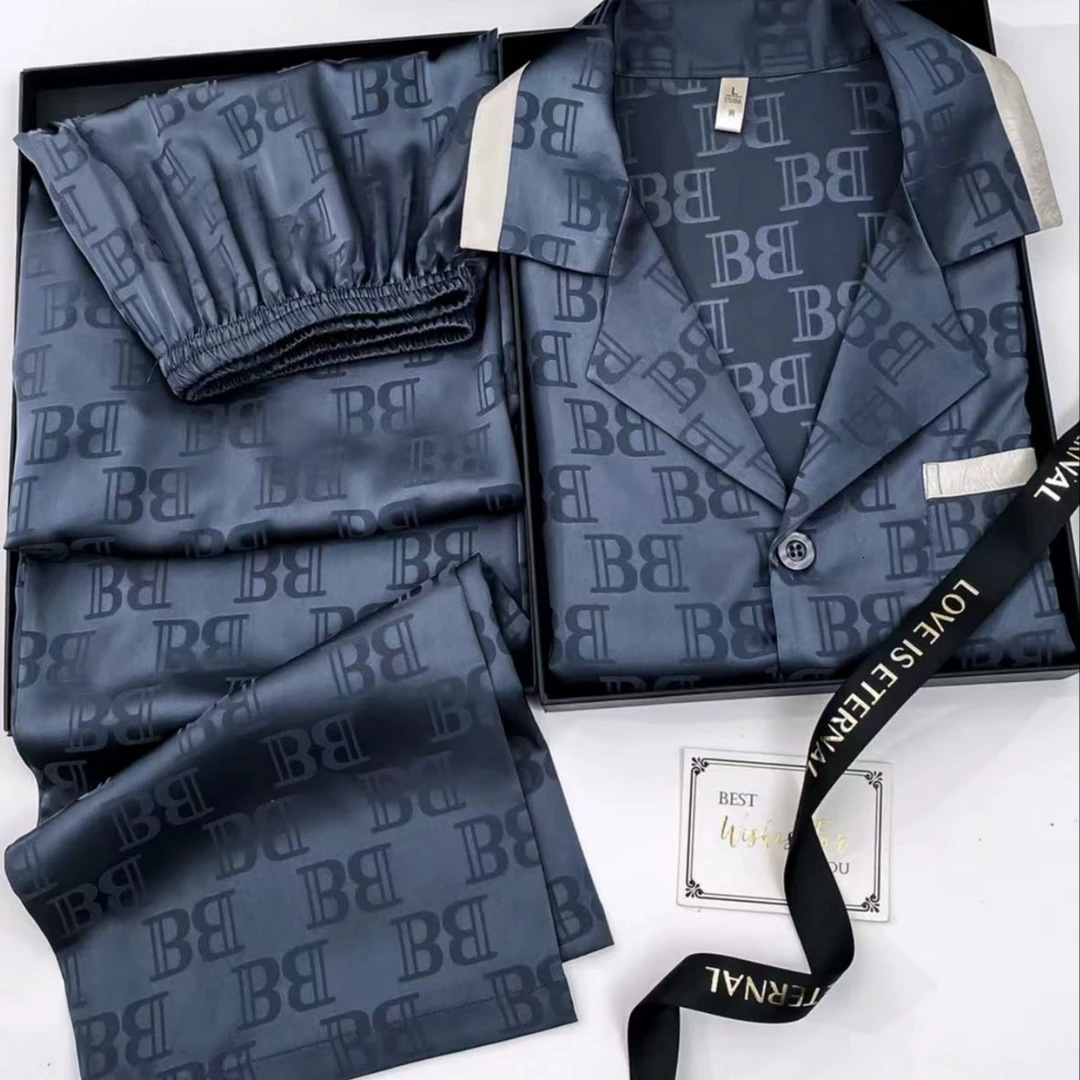 Luxury Brand Designer Men Navy Blue Monogram Letter B Jacquard Ice Silk Satin Long Sleeve Button Down Pajama Set 2026 Summer Thin Breathable Loungew