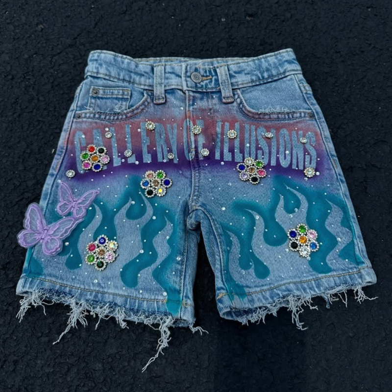 Denim Shorts Jorts Shorts Designer Tassel Flame Print Pattern Rhinestone Butterfly Decoration Loose Denim Retro Fashion Jeans Mens Pants Q260623