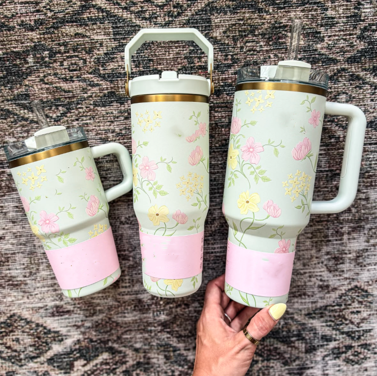 Designer cup tumbler 40oz Water Bottle Target 2026 Mugs Tumblers Lunch bag All Day Julienne Mini Cooler Bag Boxes Antique Florets Spring Blossoms-image-838479049