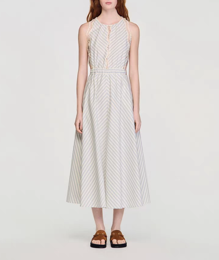 Women Symmetric Striped Midi Dress O-Neck Mesh Trim Splice Backless Elegant Waist Lace-Up Sleeveless Female Casual Long Robe