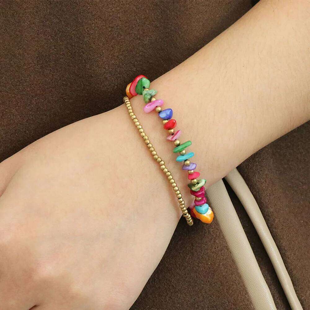 18-18.5cm Bohemian Natural Stone Crystal Chip for Women Rose Quartz with Bell Decoration Bracelet Jewelry Accessories 9426b
