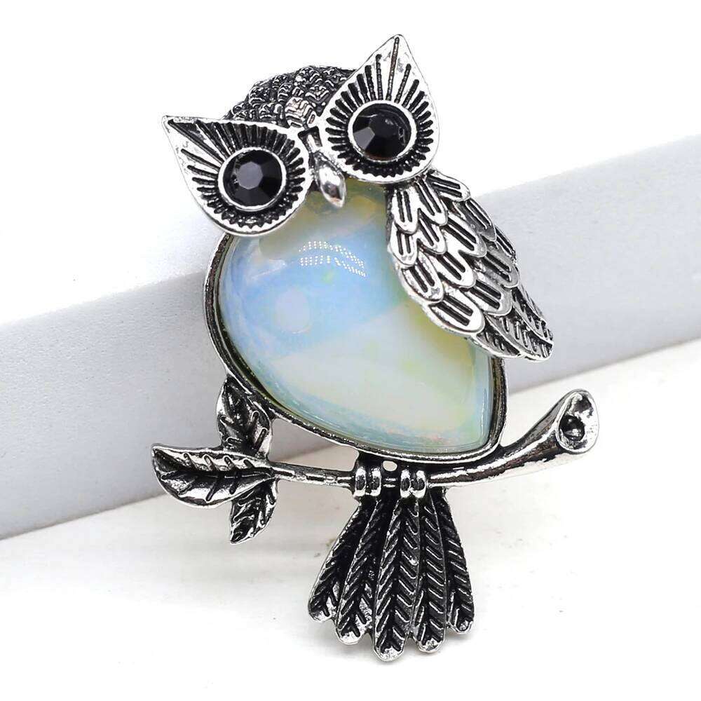 47x35mm Vintage Silver Plated Owl Natural Stone Opal Rose Quartz Malachite Brooch for Women Charms Jewelry Brooches Pendant 1pcs cfc31