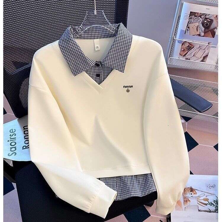 Fake Two-Piece Patchwork Plaid Polo Collar Sweatshirt For Women, Spring And Autumn New Design, Loose Fit, Hoodless Top