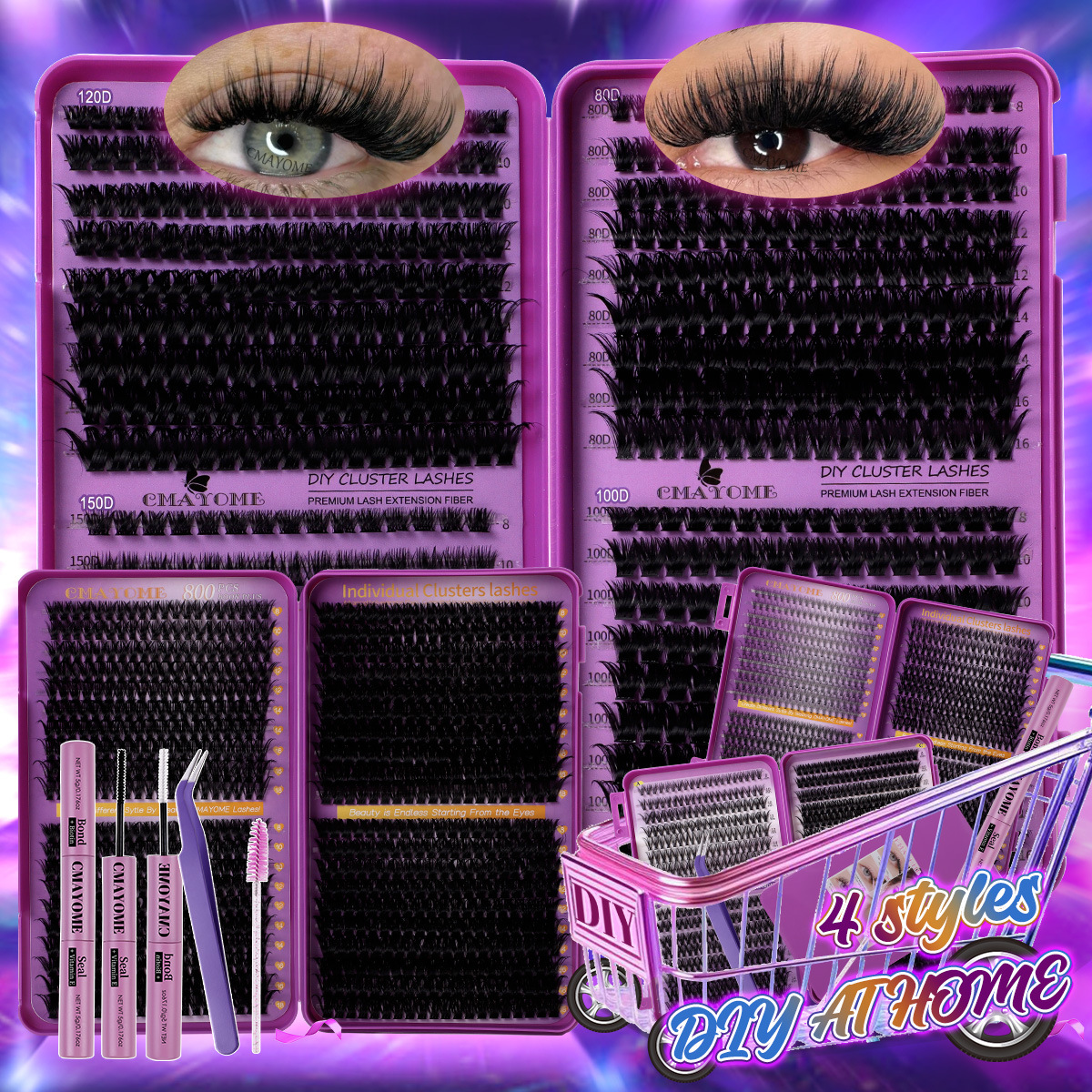 DIY Lash Cluster - Fluffy Volume DIY Eyelash Extension Kit with Lash Bond and Seal Strong Hold, D Curled Mixed Length False Eyelashes Natural Loo-image-493380189