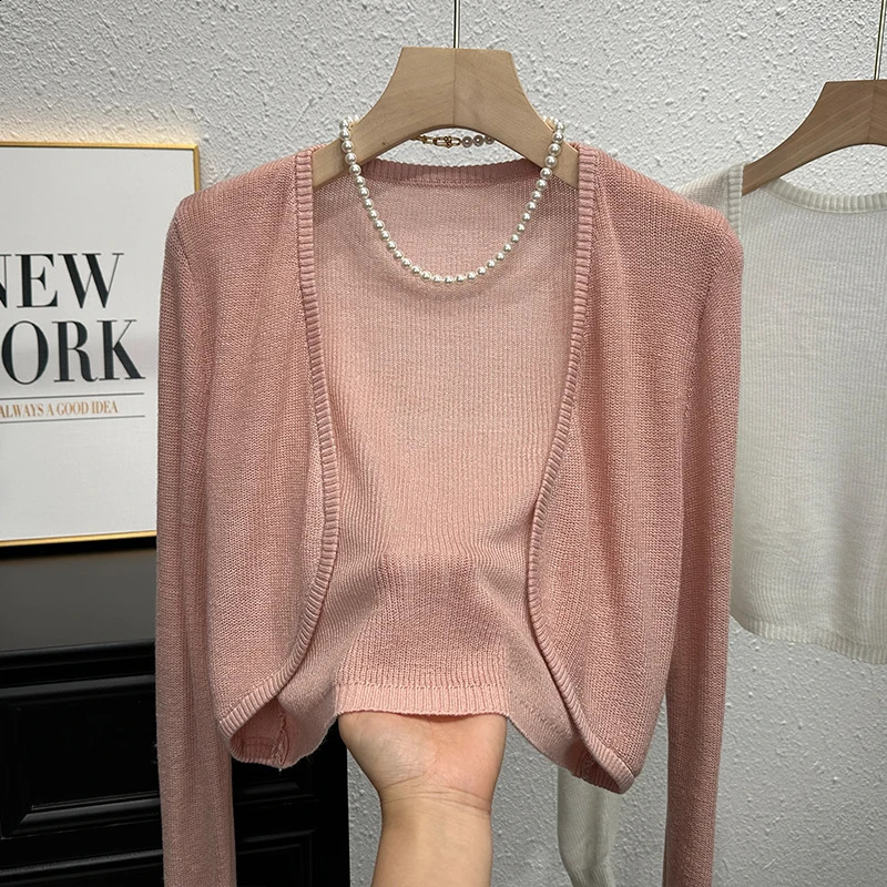 2026 Korean Fashion Sun-Proof Cardigans Women Crop Tops Sweater Thin Short Summer Solid Knitted Long Sleeve Cardigan 260518BJ