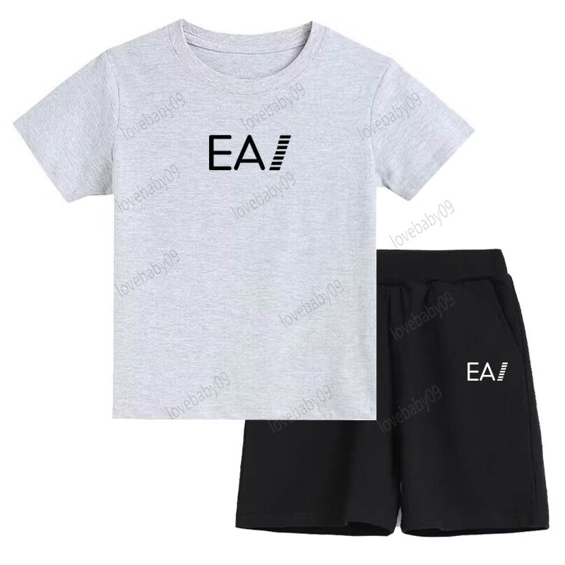 Summer Boys Girls Clothes Sets Casual Outfits Kids 100% Cotton Gray T-shirt Shorts 2Pcs Children Short Sleeve Tracksuit Suits 2-13 Years-image-769219322