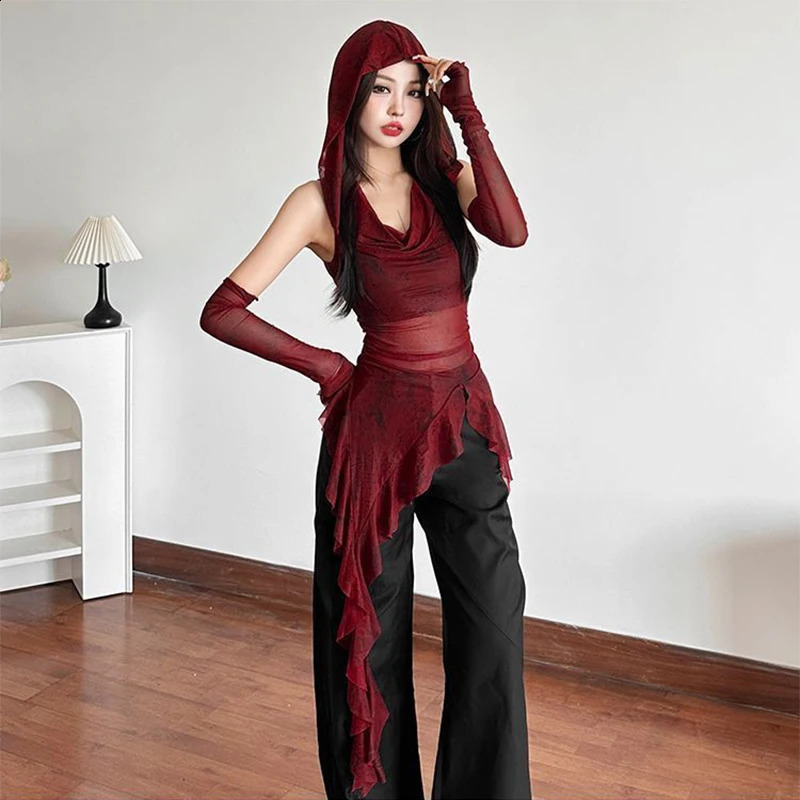 Ruffle Long Sleeve Sexy T-Shirts Fashion Women Y2K Irregular Asymmetrical Korean Crop Tops Casual Sheer Mesh Autumn Chic Tees 260518BJ