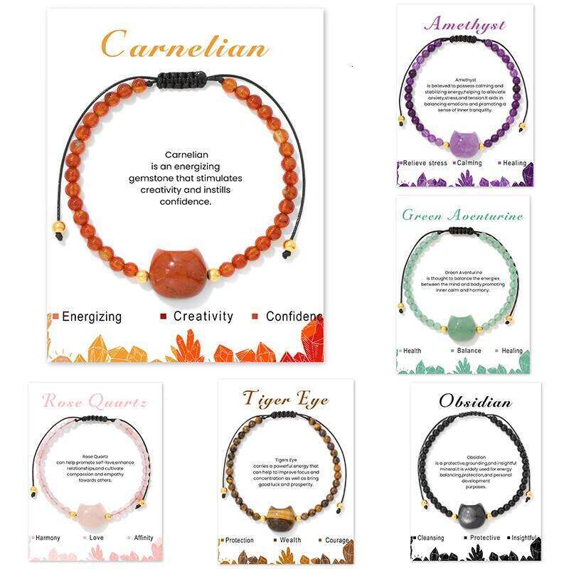Natural Stone Aagte Bracelet 4mm Rose Quartz Cute Cat Head Charm Bracelets for Women Girls Best Friends Jewelry Gifts Wholesale d6394