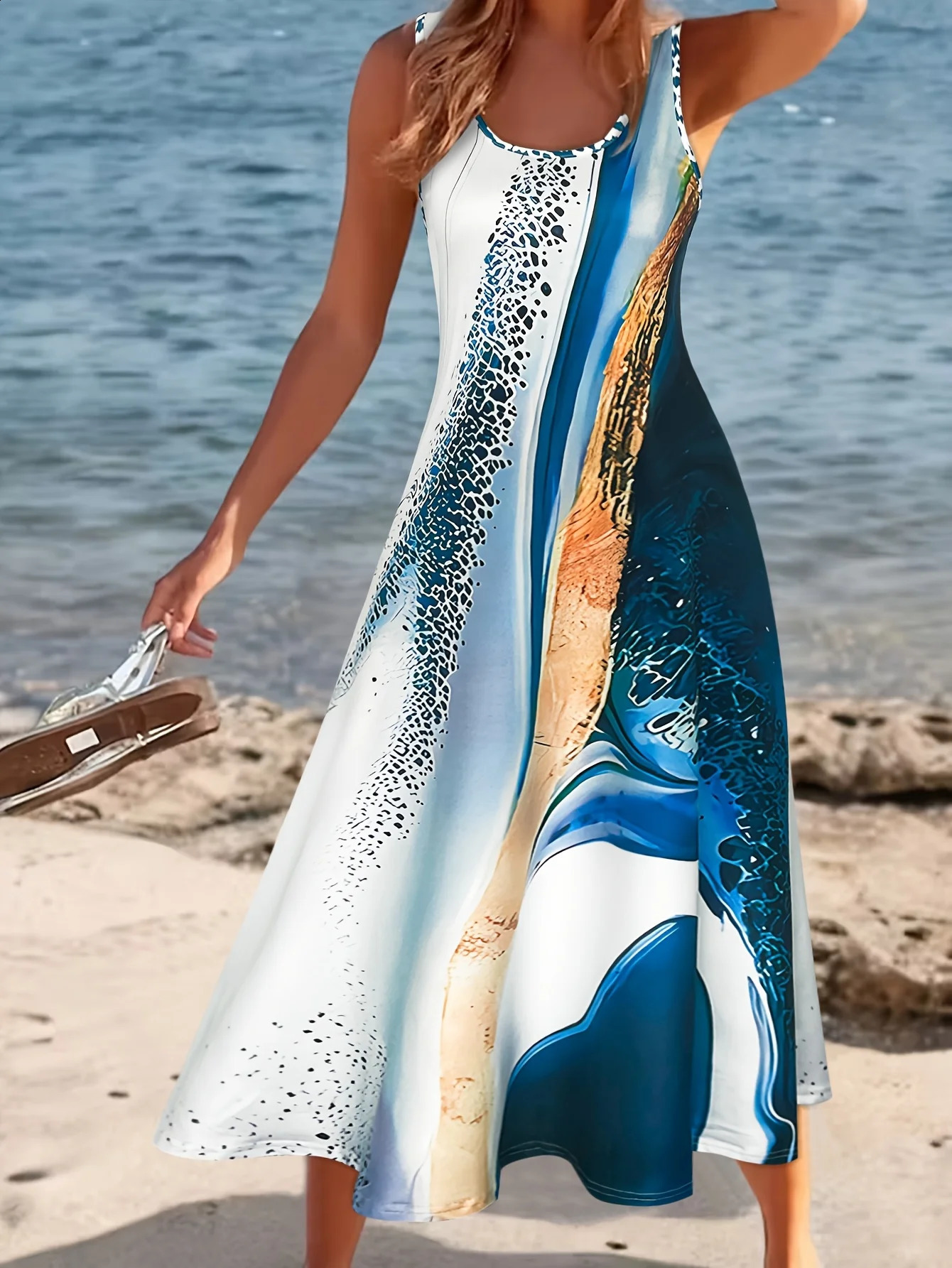 Womens Abstract Marble Print Sleeveless Midi Dress Summer Casual Scoop Neck A Line Flowy Beach Sundress Vacation 260507