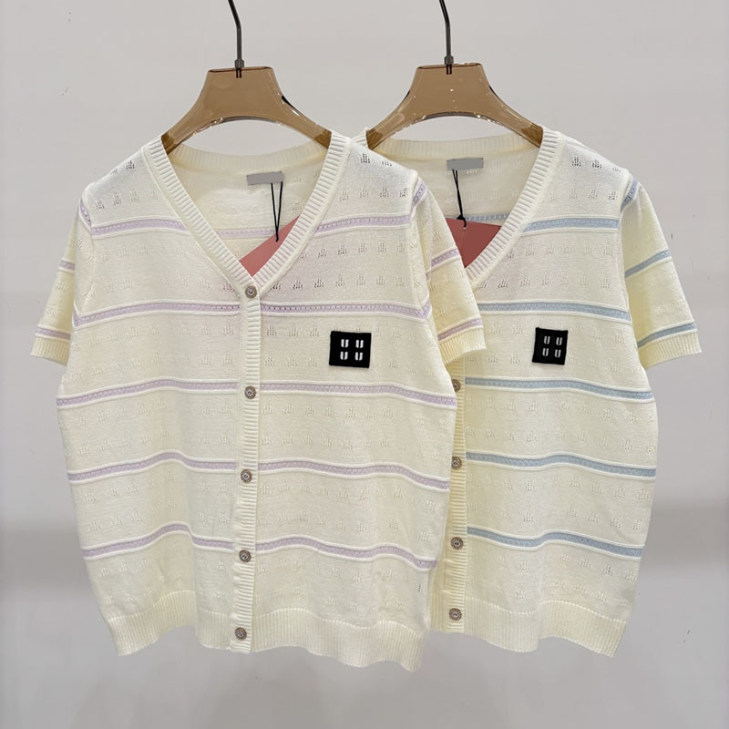 Women Brand Striped Knitted Tee Thin V Neck Casual Knit Cardigan Summer Elegant Knits T Shirt
