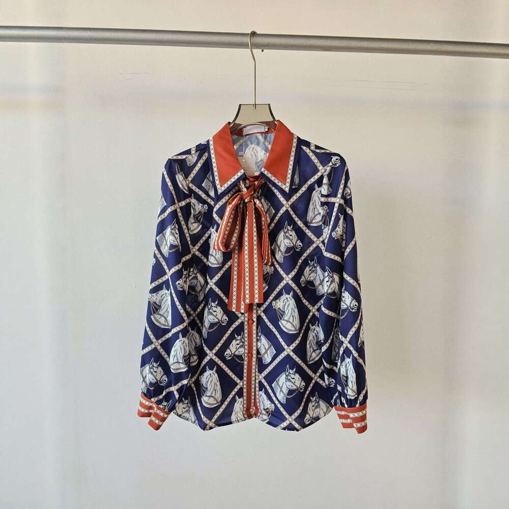Shirt Fashionable And Exquisite Horsehead Print Silk Tie Shirt For Women's Casual Long Sleeved Lapel Shirt With Bow Tie Shirt Elegant Designer