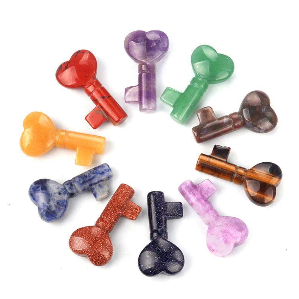 1pc 22x39mm Natural Stone Heart Key Decorative Carving Small Handle Rose Quartz Crystal Ornaments Jewelry Accessories 75700