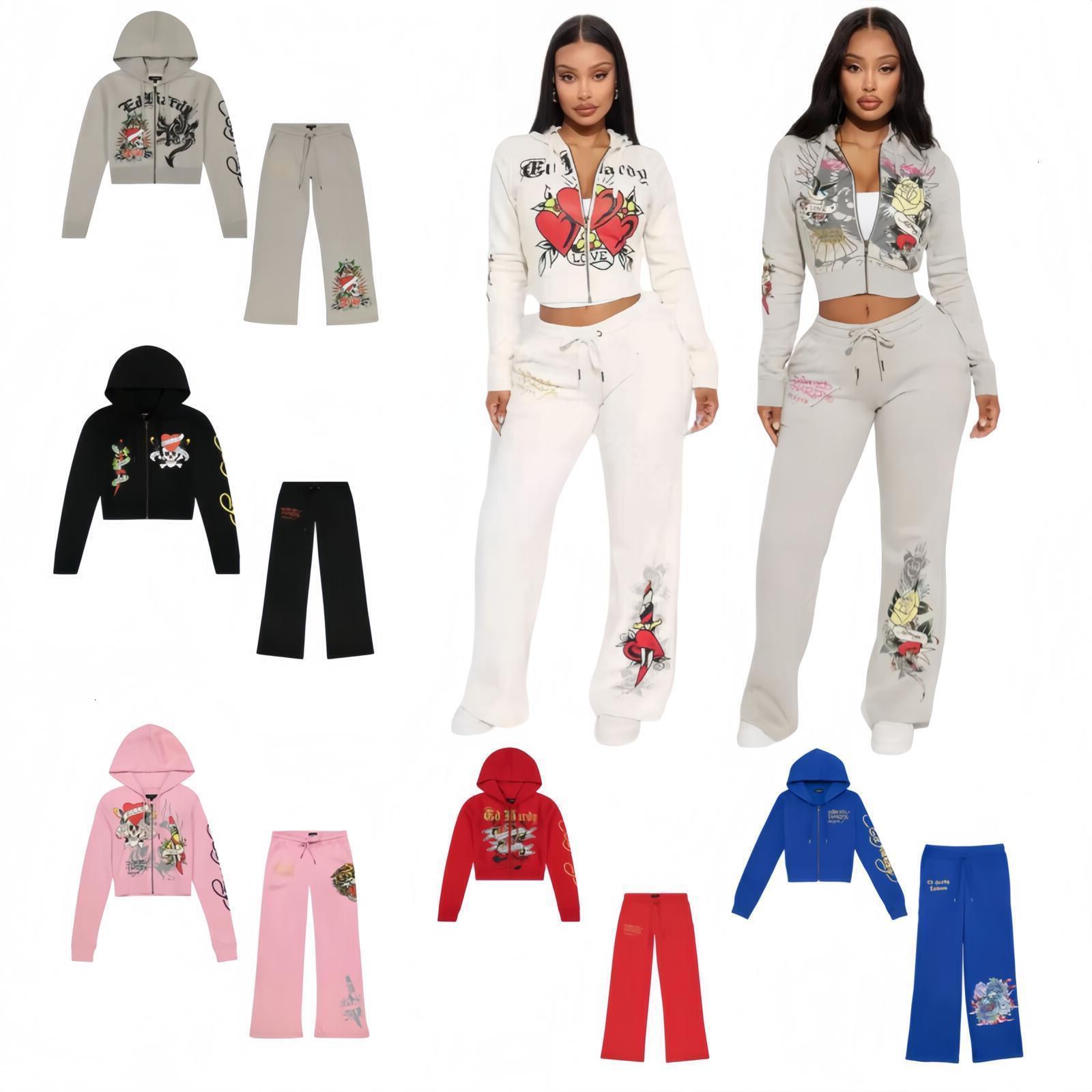 top Ed Hardies designer Survêtements Femmes 2 Pièces Ensemble Tenues Sans Bretelles Pantalon Imprimé Décontracté Y2k Pantalon Droit Rue Fermeture