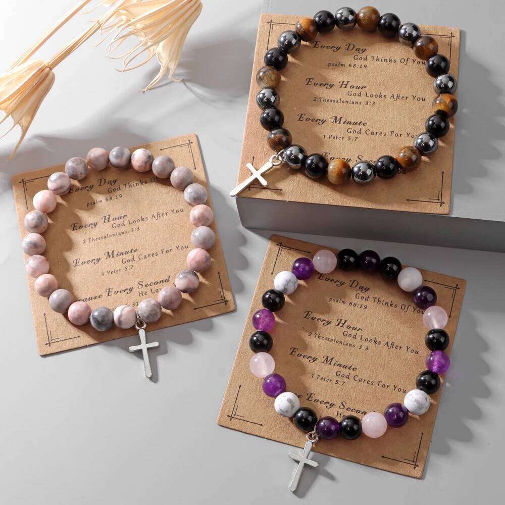 Natural Stone Cross Bracelet Pink Zebra Rose Quartz Beads Pendant Charm Bracelets for Women Men Religious Yoga Jewelry Gift dba5d