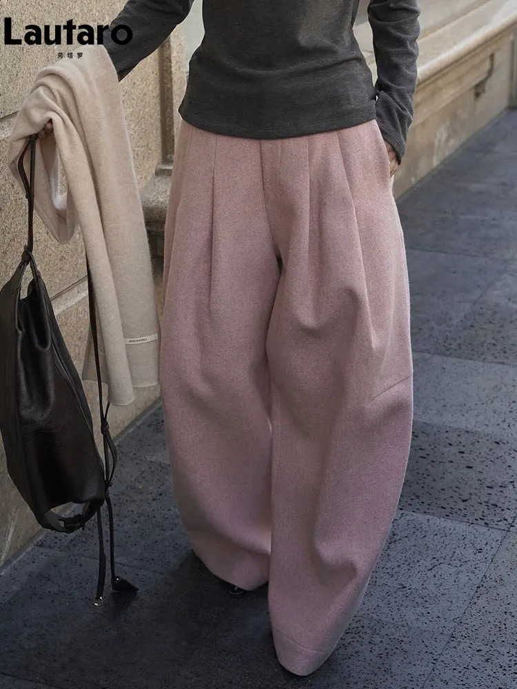 Lautaro Spring Autumn Long Soft Baggy Pleated Pink Woolen Wide Leg Pants for Women Loose Casual Korean Fashion Clothes 2026 260515BANJIA