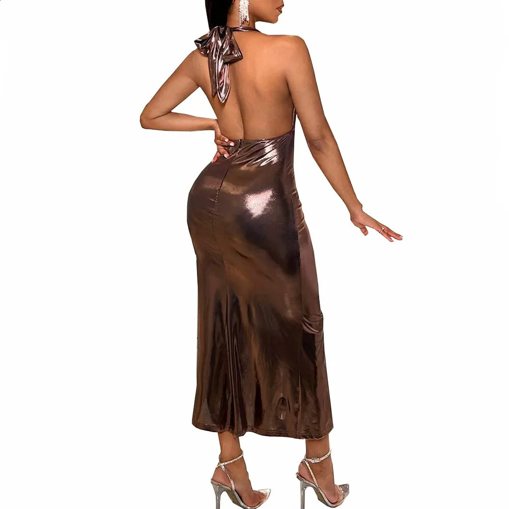 Plus Size Liquid Metallic Halter Dress Ladies Deep V-neck Club Beach Long Dresses Sexy Off-shoulder Backless Suspender Robes 260518BJ