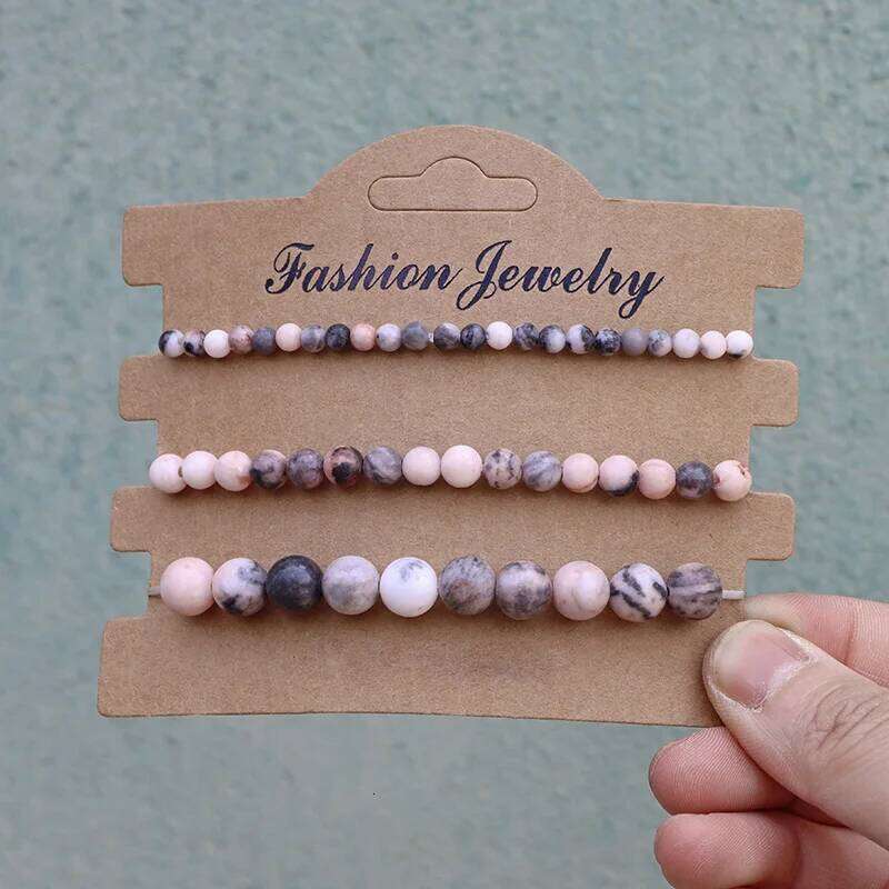 Fashion Women Beaded Set Bracelets 4 6 8mm Natural Stone Pink Zebra Amazonite Rhodonite Beads Bracelet Men Couples Jewelry f7902