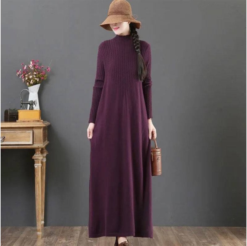 (1829) Retro Large Size Loose Knitted Skirt New Autumn and Winter Half Turtleneck Long Dress-image-1106727827