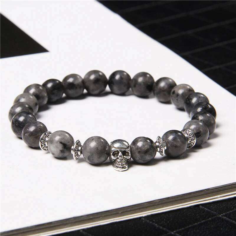 Natural Black Labradorite Stone Beads 8mm Round Beaded Vintage Skull Head Charm Bracelet Men Lucky Jewelry for Female 1a63e