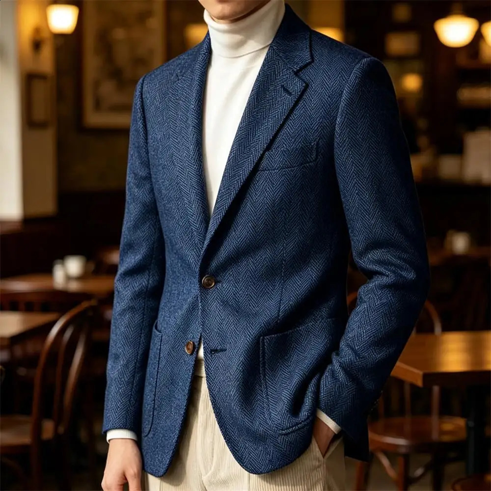 Mens Herringbone Suit Blazer Slim Fit Single Breasted Jacket Office Business Casual Formal Retro Fashion Wedding Party Outerwear 260515BANJIA