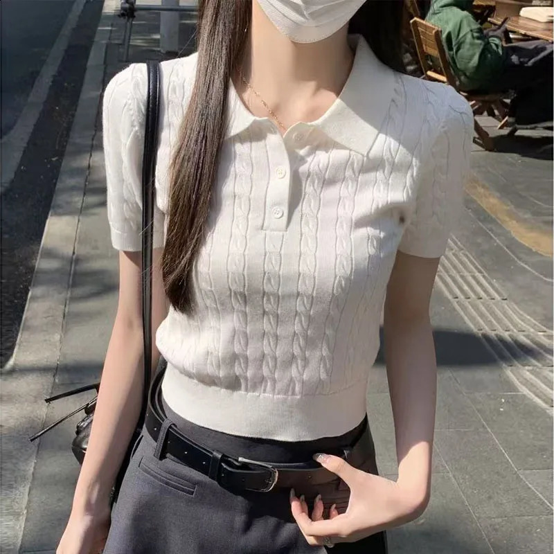 Knitted Sweater Women Pullovers Short Sleeve White Knit Pullover Tops Turn Down Collar Sueters De Mujer Q3375 260518
