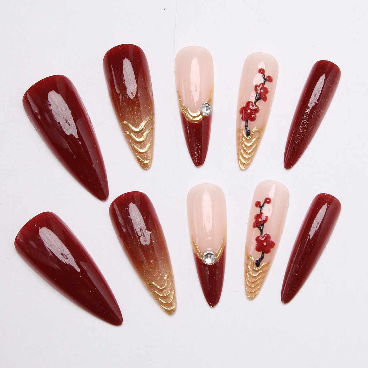 gold-plated red-toned Popular embossed handmade press-on nails flattering and wearable nail patches M260805