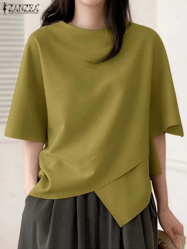 ZANZEA Women Asymmetrical T Shirt Fashion Summer Half Sleeve Tees Korean O-Neck Plain Tunics Casual Loose Solid Simple Tops 260518BJ