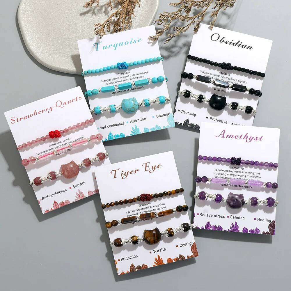 3pcs/set Natural Stone Tiger Eye Turquoises Bracelet Rose Quartzs Crystal Beads Charm Bracelets Cat Head Jewelry for Women Gift b295e
