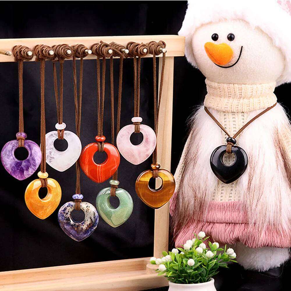 Natural Amethyst Openwork Necklace for Women Rose Quartz Tiger Eye Stone Pendant Heart Shaped Sweater Chain Jewelry 98d20