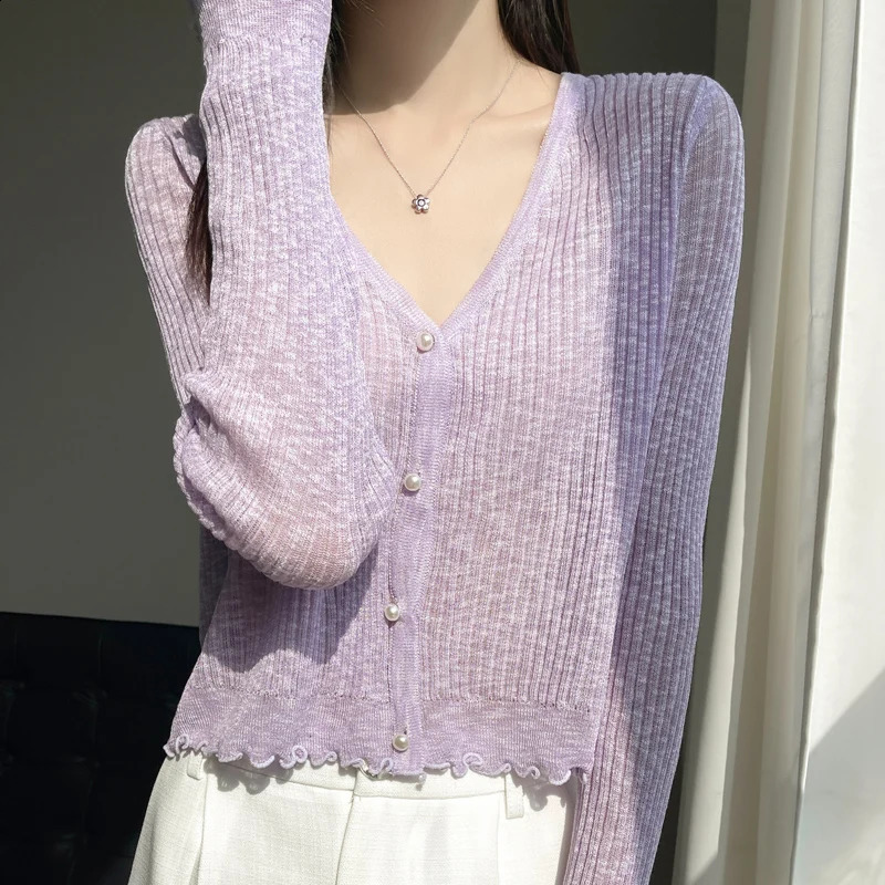 Women Spring Summer Ice Silk Fabric Sweater V-neck Lace Short Style Cardigan Casual Knitted Soft Slim Sexy Jacket Top 260518BJ