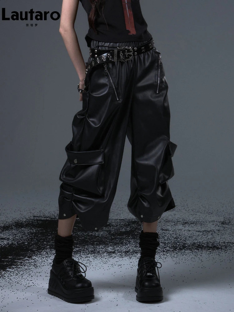 Lautaro Spring Autumn Black Pu Leather CalfLength Cargo Pants for Women Elastic Waist y ner Emo Punk Style Clothes 260515BANJIA