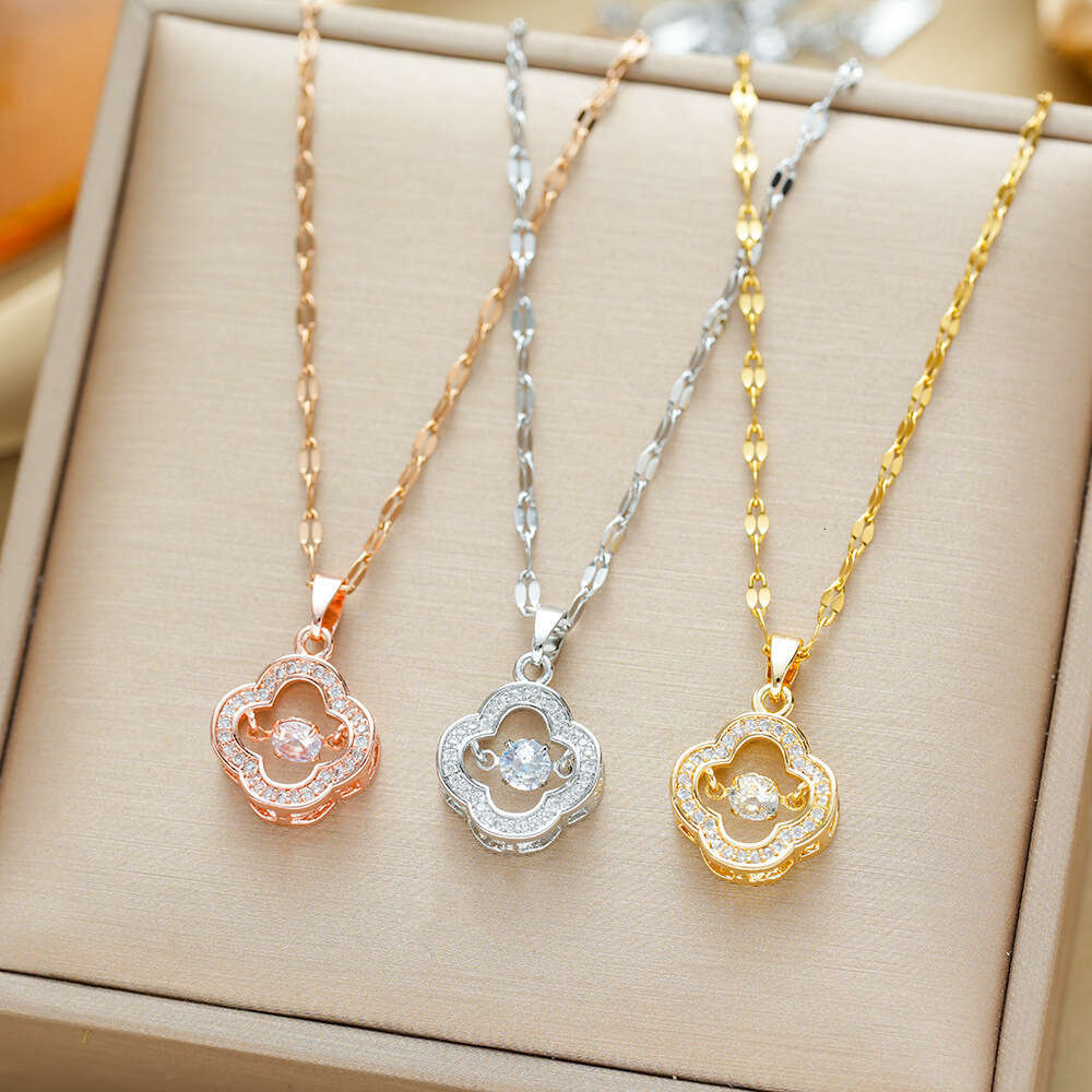 Korean Fashion Titanium Steel Necklace for Women Full Diamond Four-Leaf Lucky Clover Pendant Clavicle Chain Jewelry-image-1106690689