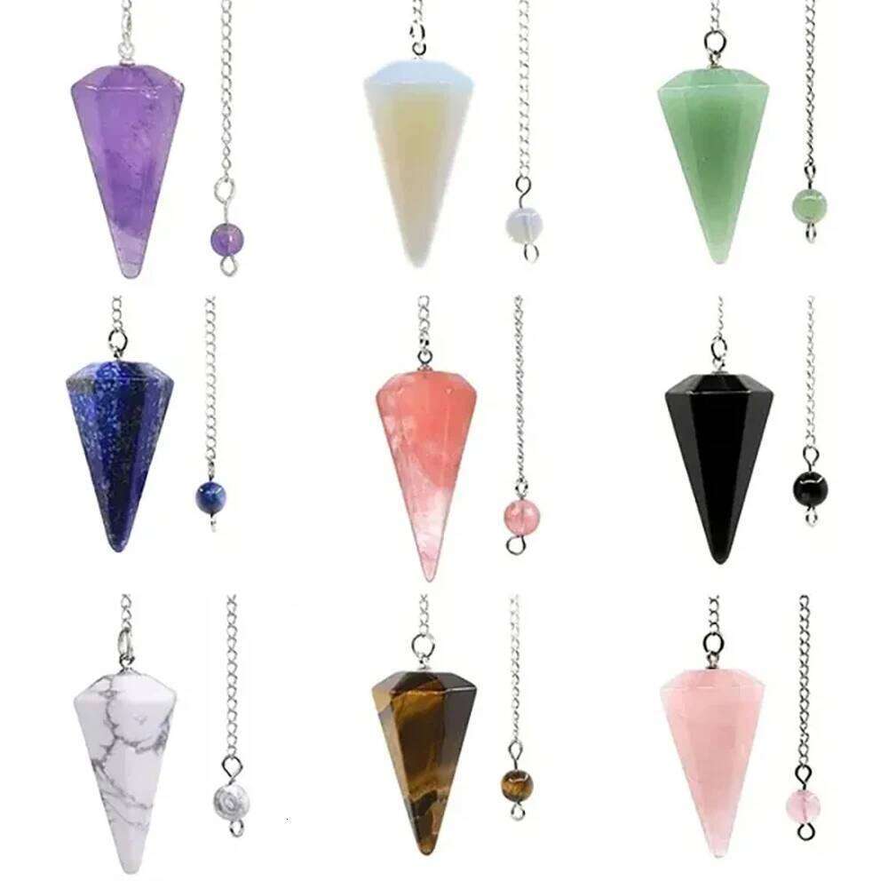 Natural Stone Hexagonal Cone Rose Quartz Tiger Eye Spirit Pendulum Agate Crystal Charms for Jewelry Making Necklace Accessories fde85