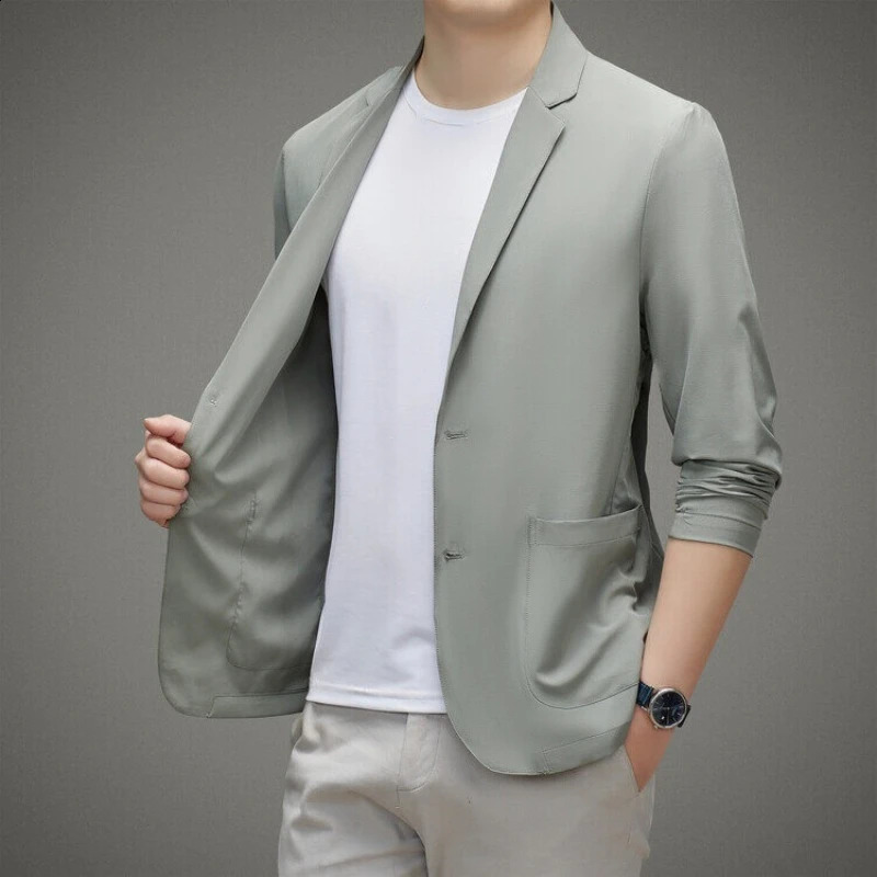 Mens Summer Thin Ice Silk Blazer Sunscreen Casual Jacket Lightweight Breathable Spring Outerwear Single Suit Coat Top 260515BANJIA