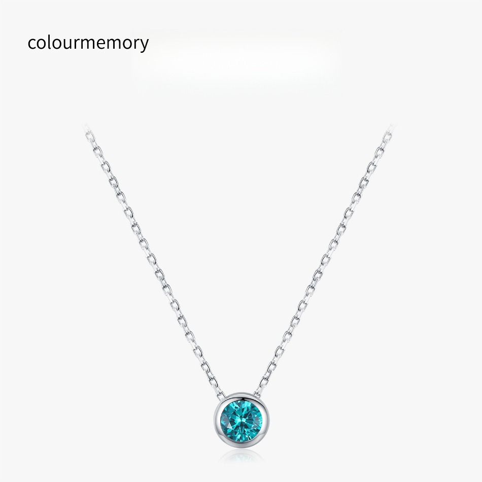 S925 Sterling Silver Paraiba Color Round CZ Pendant Necklace, British Retro Style, Dainty Choker, For Women-image-1106785006