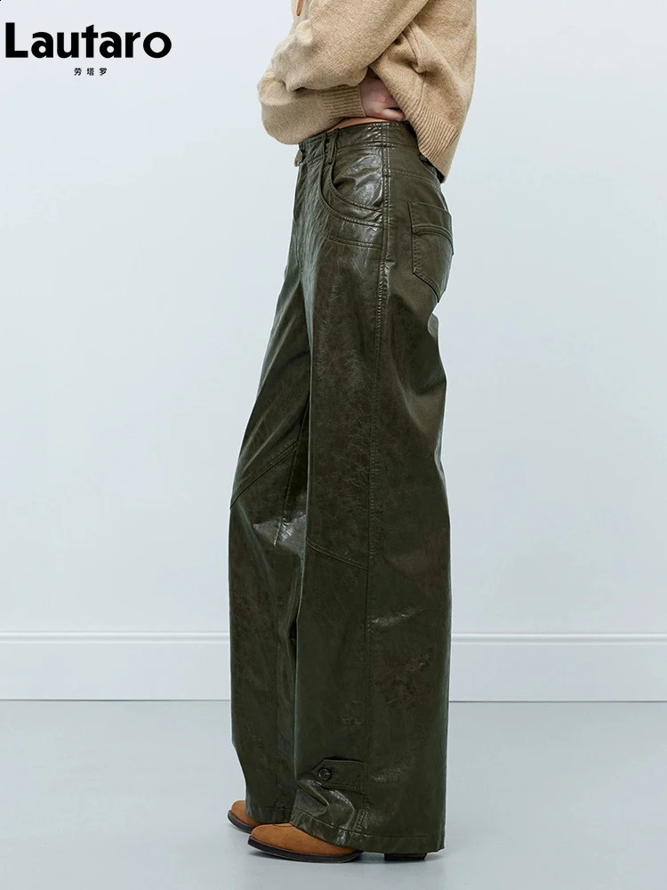 Lautaro Spring Autumn Cool Long Shiny Pu Leather Straight womens Pants and Trousers y ner Korean Fashion Clothes 2026 260515BANJIA
