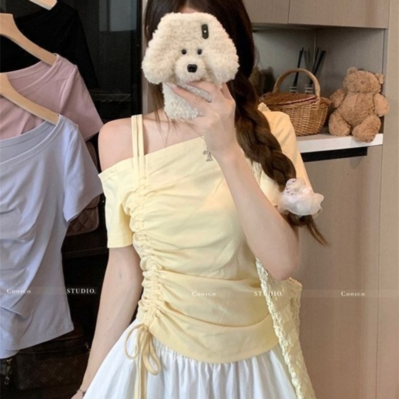 Sweet One shoulder Drawstring Short sleeve T shirt Women Summer Off Top Elegant Sexy Solid color Cropped Basic Blouse y260518